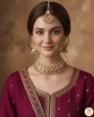 Pearly Antique Gold Necklace Set (Necklace, Earrings, Tikka) - Golden / Pink