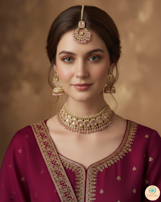 Pearly Antique Gold Necklace Set (Necklace, Earrings, Tikka) - Golden / Pink