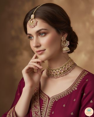 Pearly Antique Gold Necklace Set (Necklace, Earrings, Tikka) - Golden / Pink