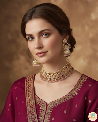 Pearly Antique Gold Necklace Set (Necklace, Earrings, Tikka) - Golden / Pink
