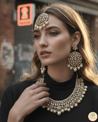 Pearly Antique Gold Necklace Set (Necklace, Earrings, Tikka) - Golden
