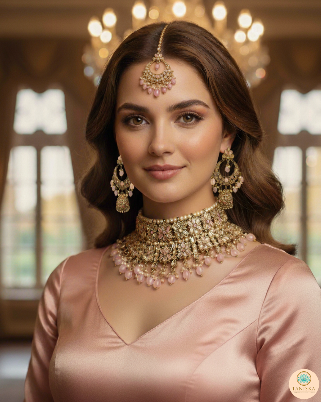 Pearly Antique Gold, Double Choker Necklace Set (Necklace, Earrings, Tikka) - Golden / Baby Pink