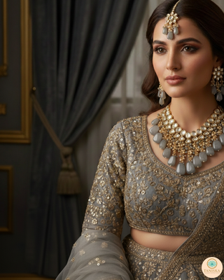 ROYAL Kundan Necklace Set - Charcoal Grey (with Meenakari)