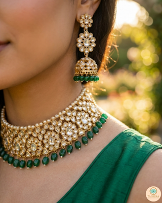 Pearly Antique Gold Necklace Set (Necklace, Earrings, Tikka) - Golden / Emerald Green