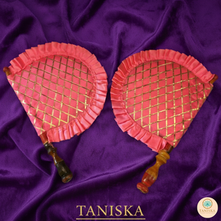 Pink Cross Stripes Punjabi Pakhi (Hand Fans) - Pack of 2