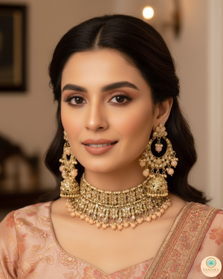 Pearly Antique Gold, Double Choker Necklace Set (Necklace, Earrings, Tikka) - Golden / Peach