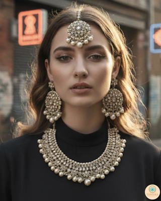 Pearly Antique Gold Necklace Set (Necklace, Earrings, Tikka) - Golden
