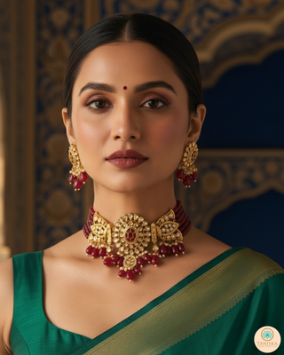 SABRINA Traditional Kundan Necklace Set - Deep Red/Maroon Tone