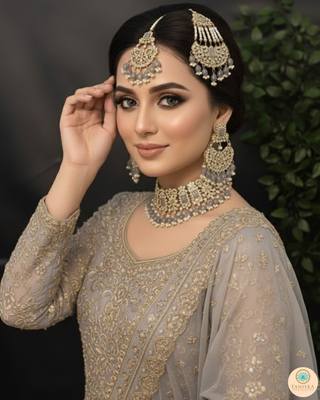 Pearly Antique Gold Necklace Set (Necklace, Earrings, Tikka) - Gold / Grey