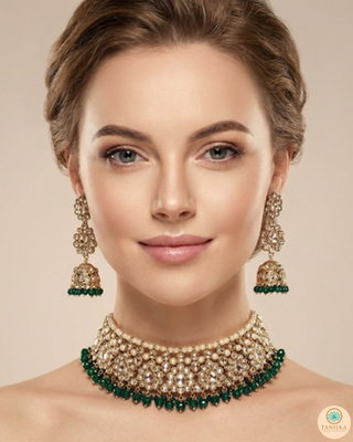 Pearly Antique Gold Necklace Set (Necklace, Earrings, Tikka) - Golden / Emerald Green