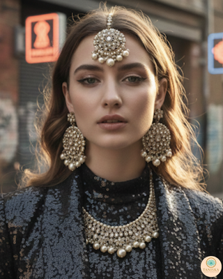 Pearly Antique Gold Necklace Set (Necklace, Earrings, Tikka) - Golden
