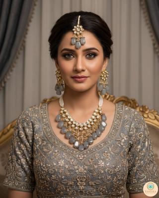 ROYAL Kundan Necklace Set - Charcoal Grey (with Meenakari)