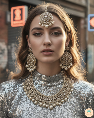 Pearly Antique Gold Necklace Set (Necklace, Earrings, Tikka) - Golden