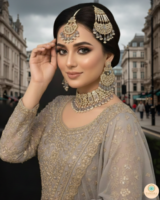 Pearly Antique Gold Necklace Set (Necklace, Earrings, Tikka) - Gold / Grey