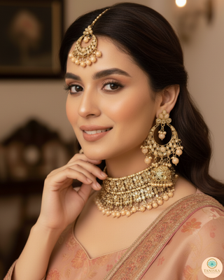 Pearly Antique Gold, Double Choker Necklace Set (Necklace, Earrings, Tikka) - Golden / Peach