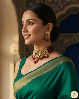 SABRINA Traditional Kundan Necklace Set - Deep Red/Maroon Tone