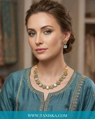 Aquamarine Floral Gold-Tone Jewelry Set
