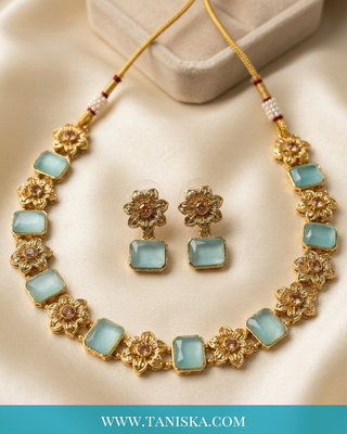 Aquamarine Floral Gold-Tone Jewelry Set