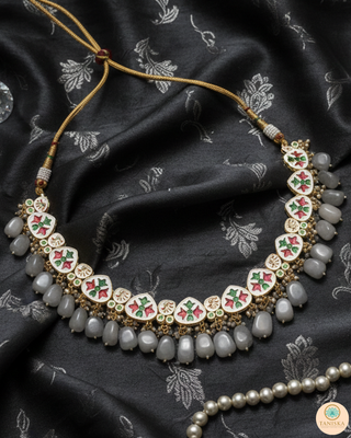 ROYAL Kundan Necklace Set - Charcoal Grey (with Meenakari)