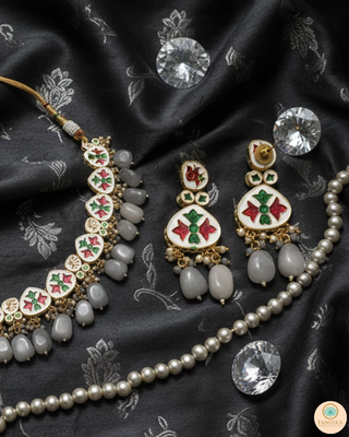 ROYAL Kundan Necklace Set - Charcoal Grey (with Meenakari)
