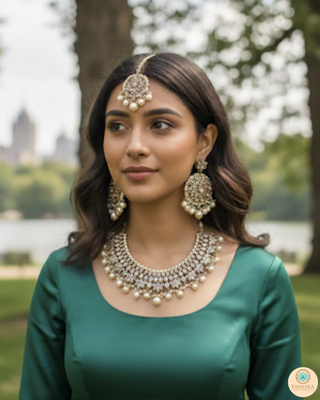Pearly Antique Gold Necklace Set (Necklace, Earrings, Tikka) - Golden