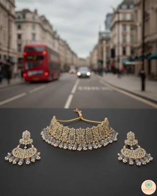 Pearly Antique Gold Necklace Set (Necklace, Earrings, Tikka) - Gold / Grey