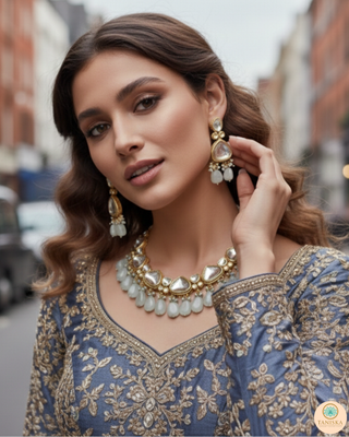 ROYAL Kundan Necklace Set - Greyish Blue (with Meenakari)