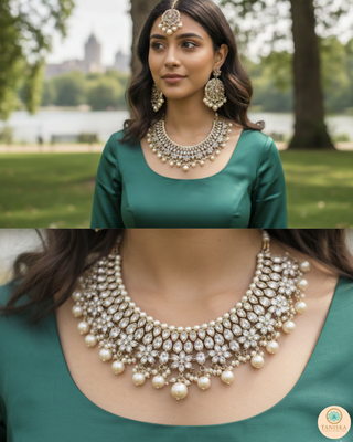 Pearly Antique Gold Necklace Set (Necklace, Earrings, Tikka) - Golden