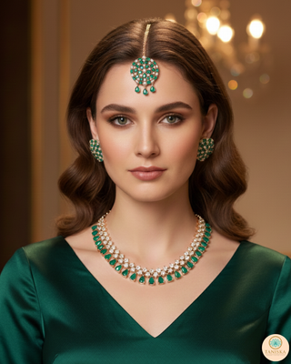 American Diamond Style Necklace Set - Rose Gold/Emerald Green