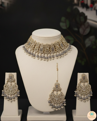 Pearly Antique Gold Necklace Set (Necklace, Earrings, Tikka) - Gold / Grey