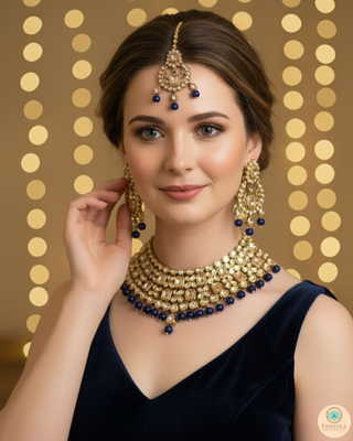 Pearly Necklace Set (Necklace, Earrings, Tikka) - Golden / Blue