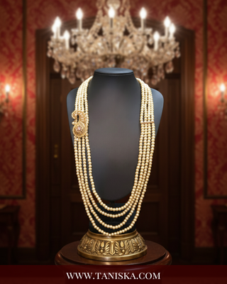 The Nobleman’s Strand | Multi-Layered Pearl Mala with Brooch | Antique Gold 4 Layered Pearl Mens / Groom Mala