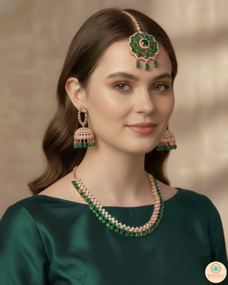 American Diamond Style Necklace Set - Rose Gold/Emerald Green