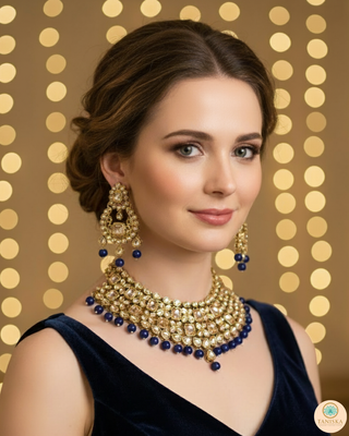 Pearly Necklace Set (Necklace, Earrings, Tikka) - Golden / Blue