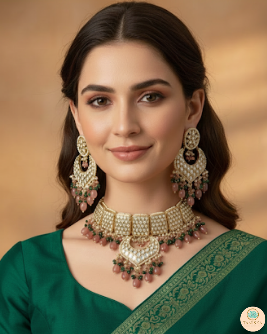 MEHAR Designer Bottle Green/Peach Kundan Necklace Set
