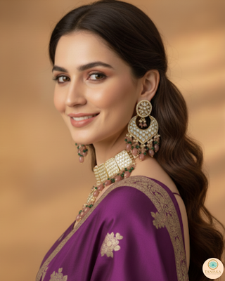MEHAR Designer Bottle Green/Peach Kundan Necklace Set
