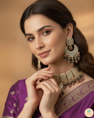 MEHAR Designer Bottle Green/Peach Kundan Necklace Set