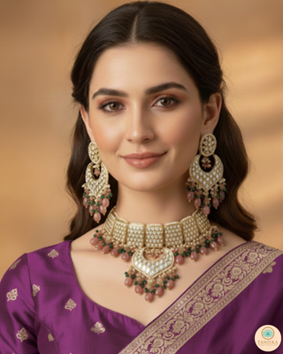 MEHAR Designer Bottle Green/Peach Kundan Necklace Set