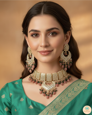 MEHAR Designer Bottle Green/Peach Kundan Necklace Set