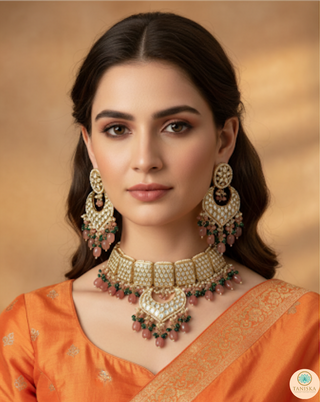 MEHAR Designer Bottle Green/Peach Kundan Necklace Set