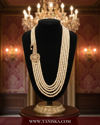 The Regent’s Heirloom | Grand Pearl Mala with Filigree Brooch | Antique Gold 5 Layered Pearl Mens / Groom Mala