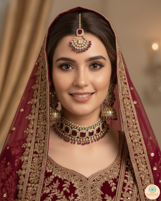 Pearly Antique Gold Necklace Set (Necklace, Earrings, Tikka) - Golden / Maroon