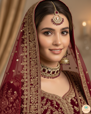 Pearly Antique Gold Necklace Set (Necklace, Earrings, Tikka) - Golden / Maroon