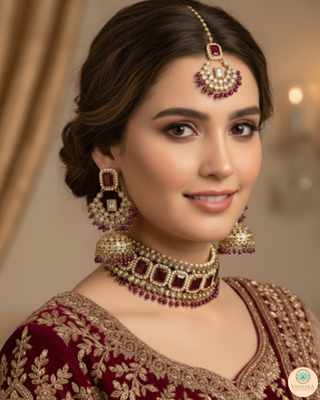 Pearly Antique Gold Necklace Set (Necklace, Earrings, Tikka) - Golden / Maroon