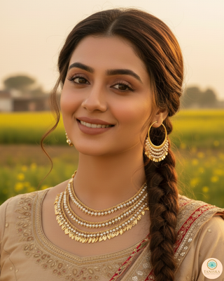 Thriple Layered Traditional Punjabi Necklace Set - Gold Plated (Jadau)