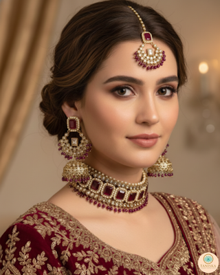 Pearly Antique Gold Necklace Set (Necklace, Earrings, Tikka) - Golden / Maroon