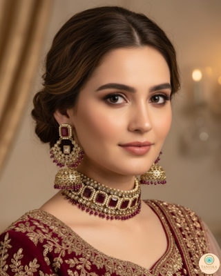 Pearly Antique Gold Necklace Set (Necklace, Earrings, Tikka) - Golden / Maroon