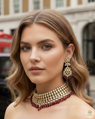 Pearly Antique Gold Necklace Set (Necklace, Earrings, Tikka) - Golden / Maroon