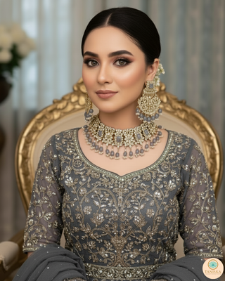 Pearly Antique Gold Necklace Set (Necklace, Earrings, Tikka) - Gold / Grey