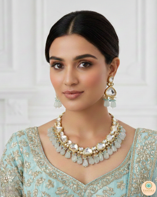 ROYAL Kundan Necklace Set - Greyish Blue (with Meenakari)